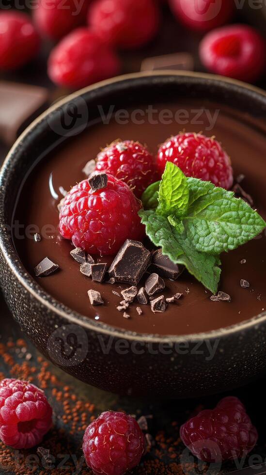 Delicious dark chocolate dessert topped with raspberries and mint in a rustic bowl ready for enjoyment photo