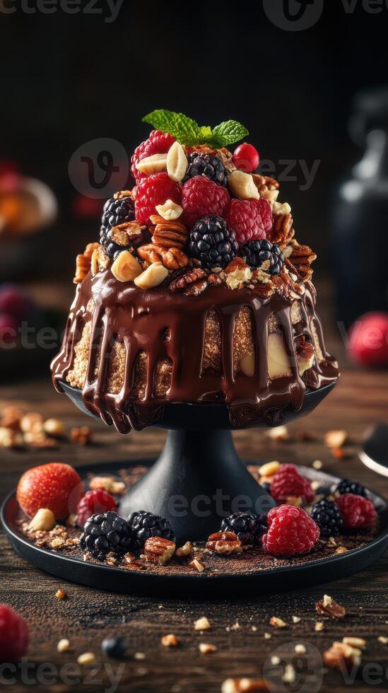 Decadent chocolate dessert topped with fresh berries and nuts served on a rustic table photo