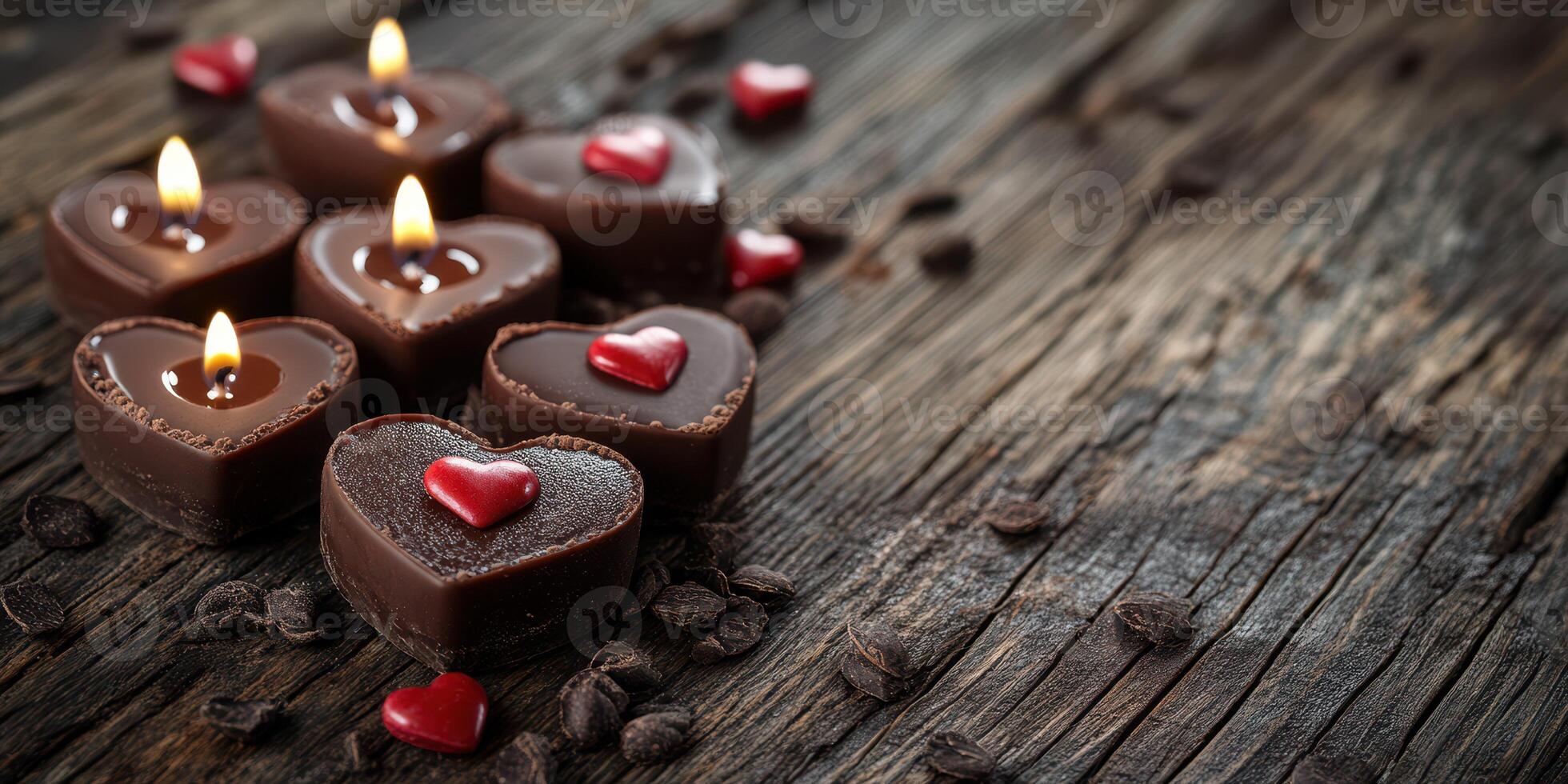 Heart-shaped chocolates with candles create a romantic atmosphere on a wooden table for an intimate evening photo
