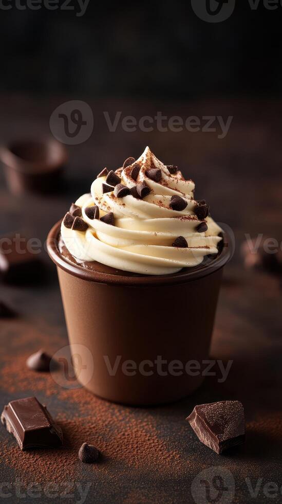 Decadent chocolate dessert cup topped with creamy frosting and chocolate shavings on a dark backdrop photo