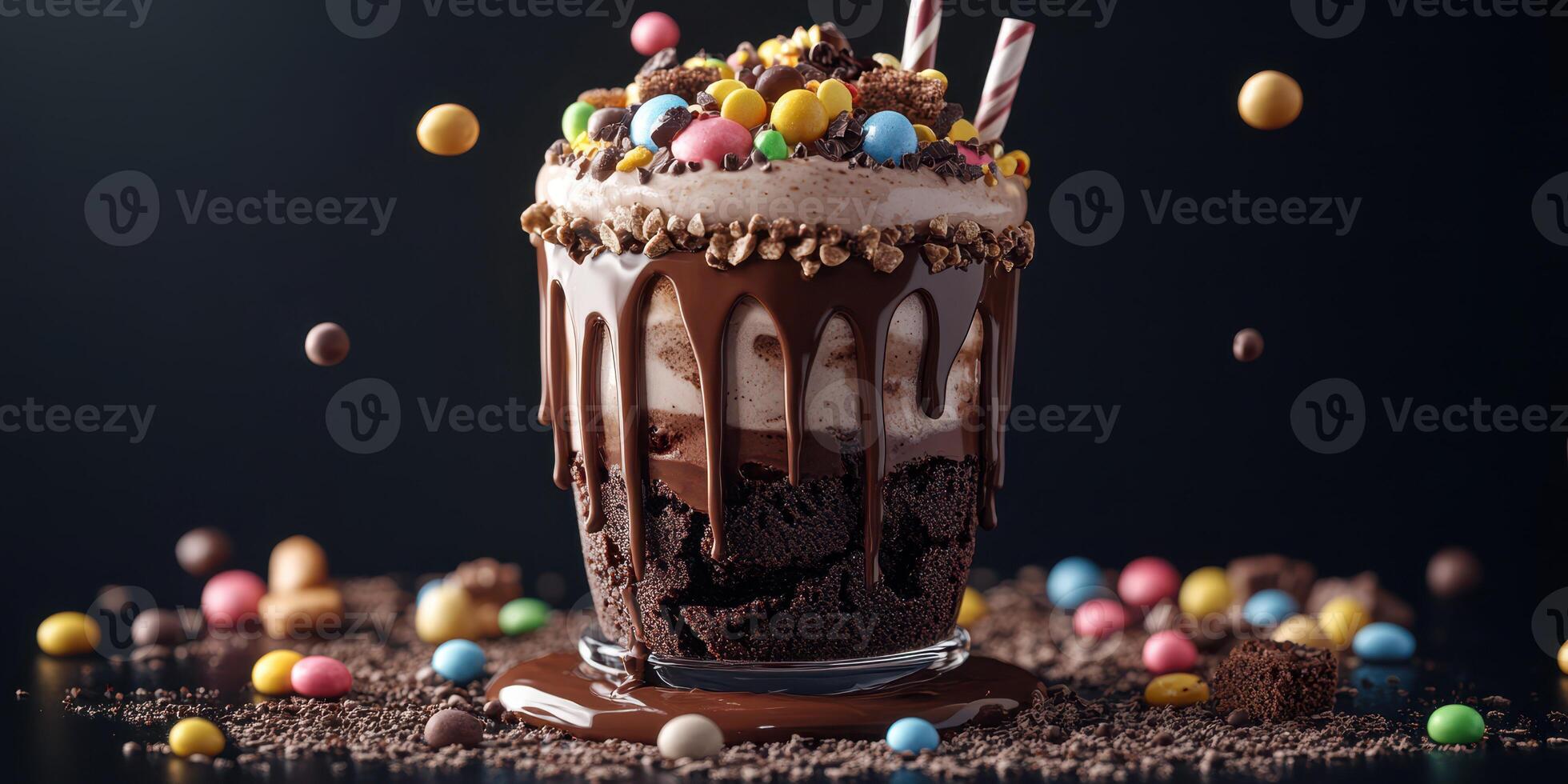 Indulging in a dessert treat with layered chocolate cake, creamy frosting, and colorful candies on top photo