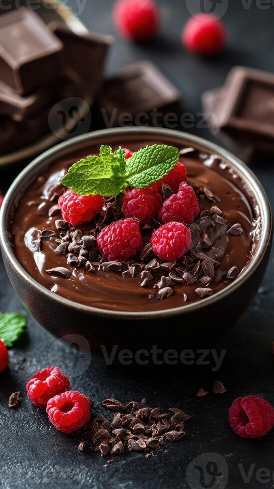 Rich chocolate dessert topped with fresh raspberries and mint leaves on a dark background creates an enticing culinary display photo