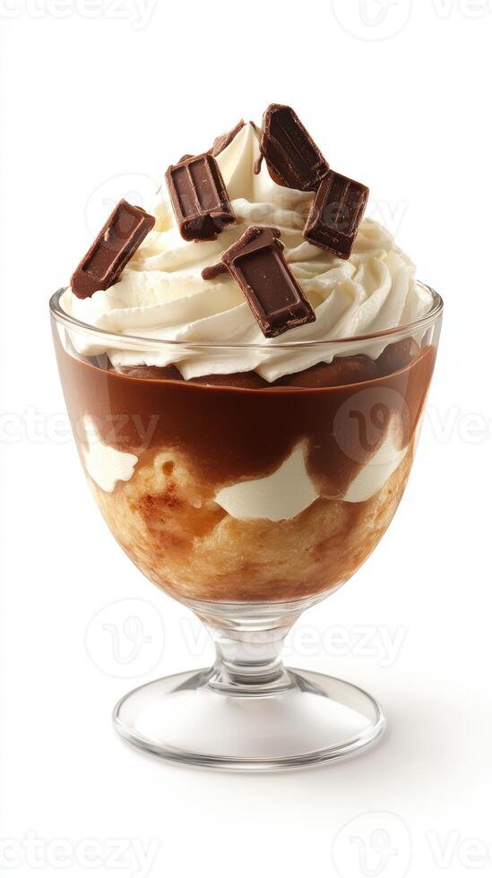 Decadent dessert featuring layers of chocolate cream and whipped topping with chocolate pieces on top photo