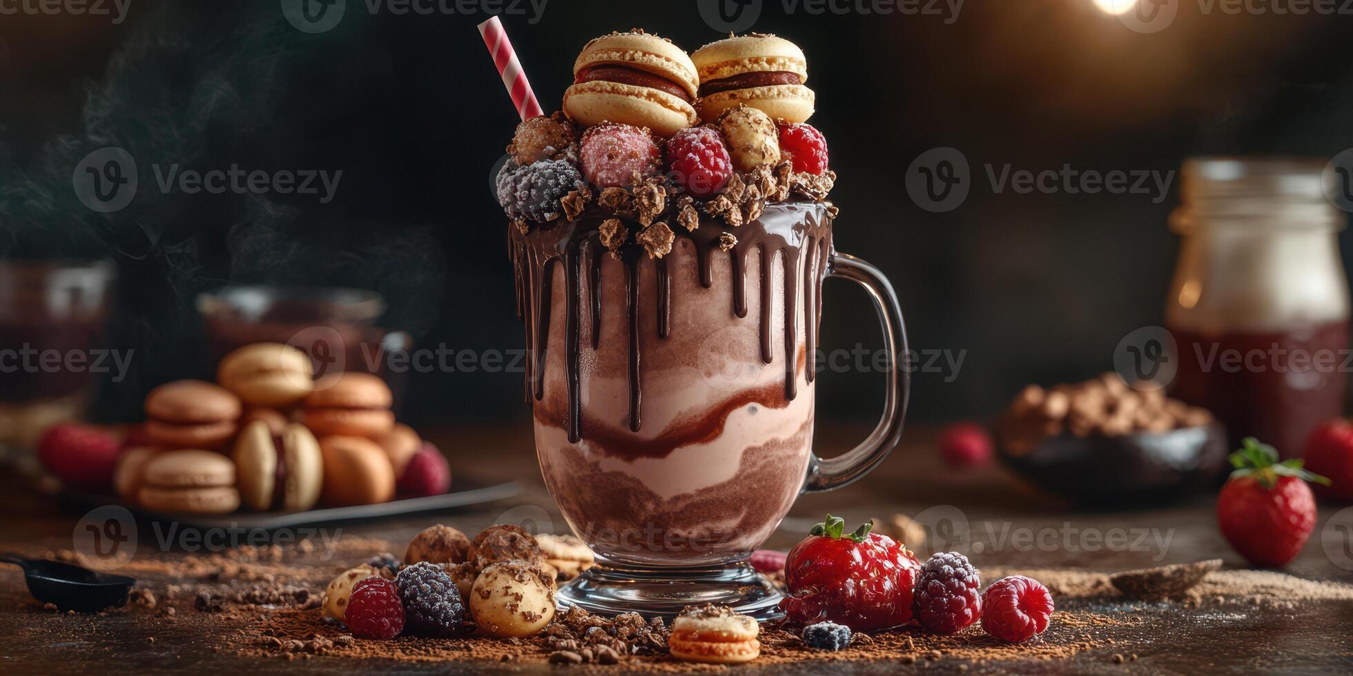 Indulgent dessert creation featuring chocolate, berries, and macarons in a cozy rustic setting photo