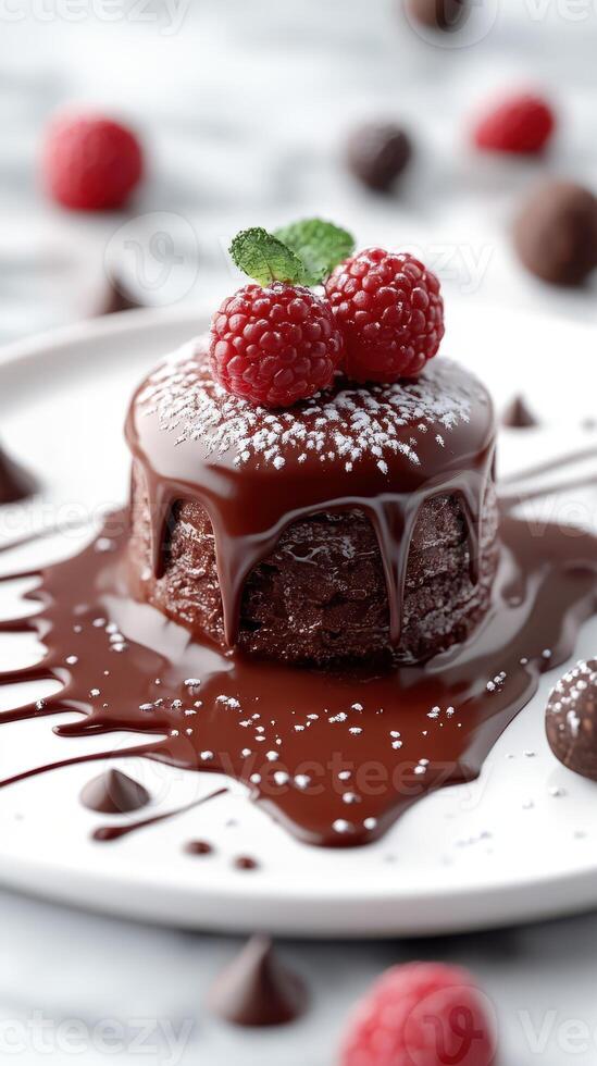 Decadent chocolate cake topped with fresh raspberries and drizzled with rich chocolate sauce served on a white plate photo