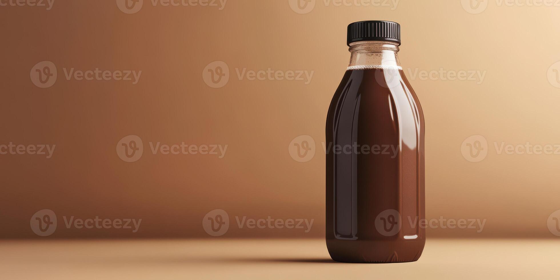 Bottle of dark liquid stands on a simple background highlighting its rich texture and color photo