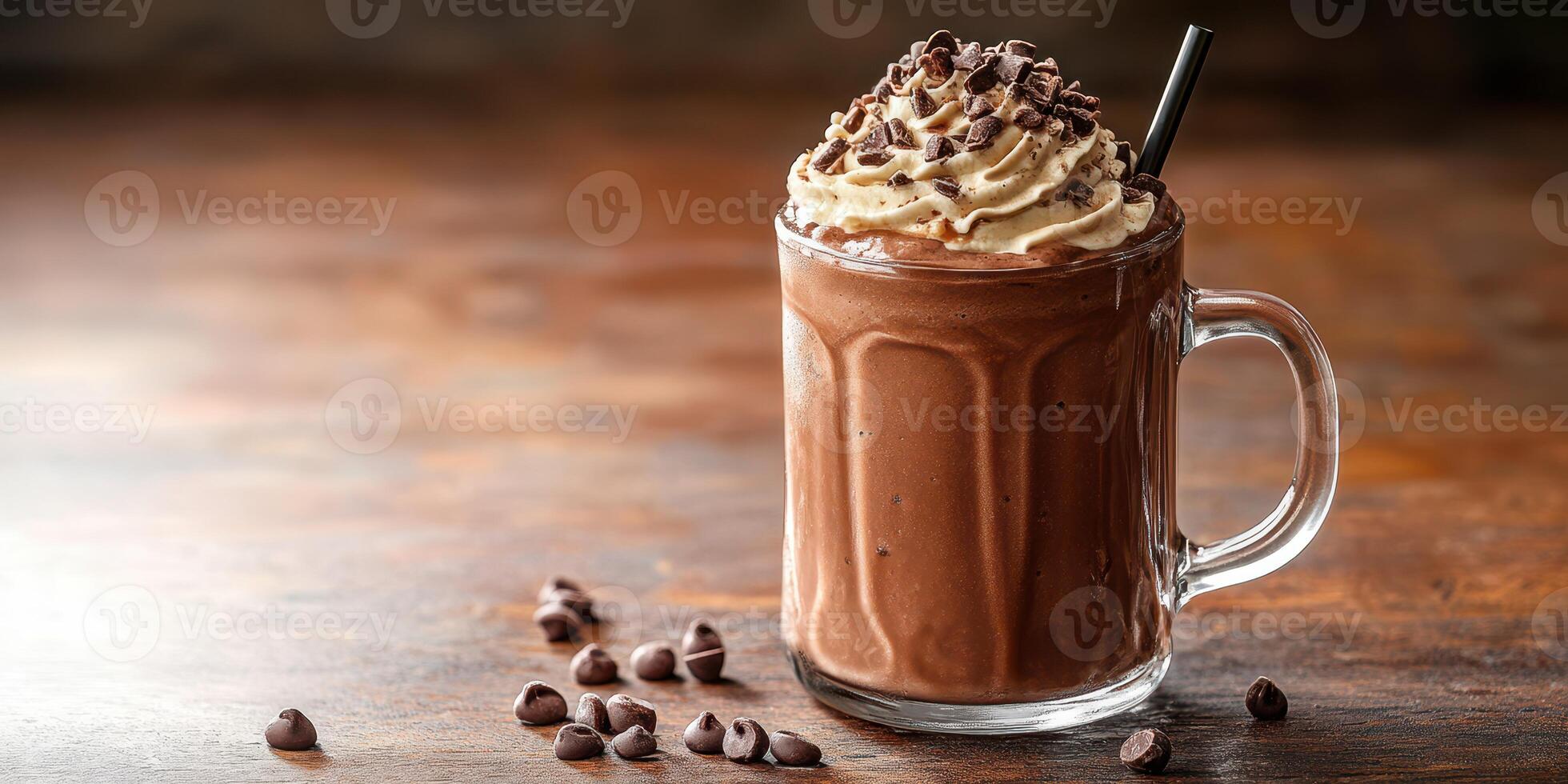 Rich chocolate milkshake topped with whipped cream and chocolate chips on a rustic wooden table photo