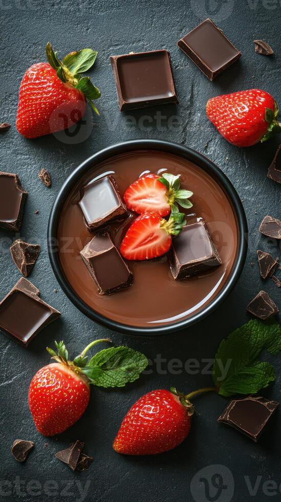 Indulgent chocolate fondue served with fresh strawberries and dark chocolate pieces on a dark surface photo