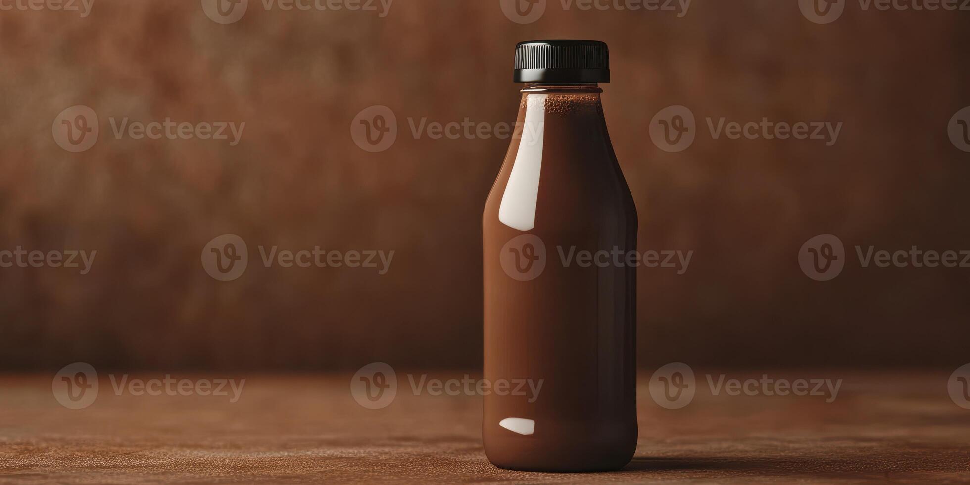 Chocolate drink in glass bottle with dark textured background showcasing rich color and smooth surface photo