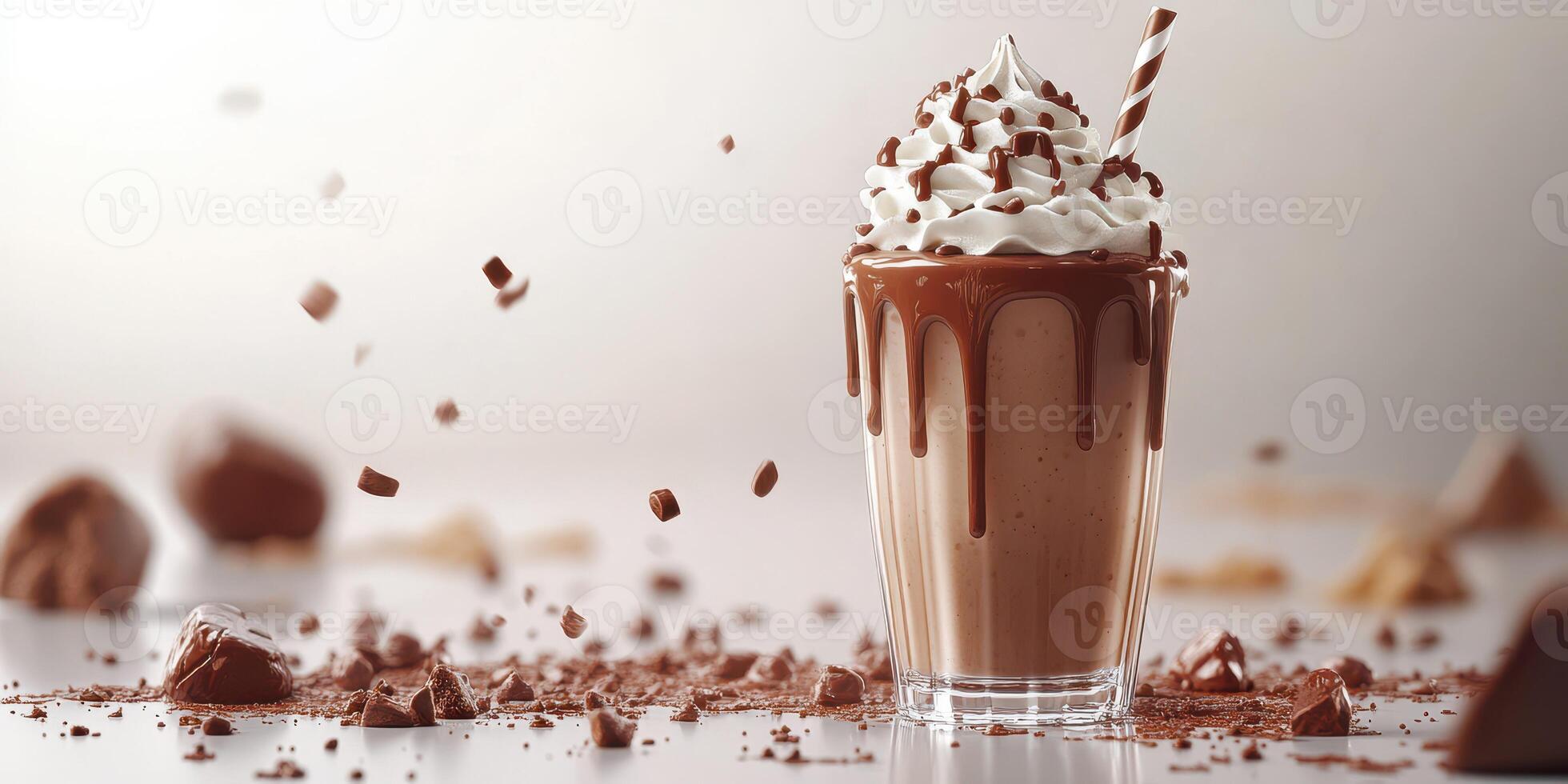 Delicious chocolate dessert with whipped cream and chocolate shavings in a glass on a light background photo