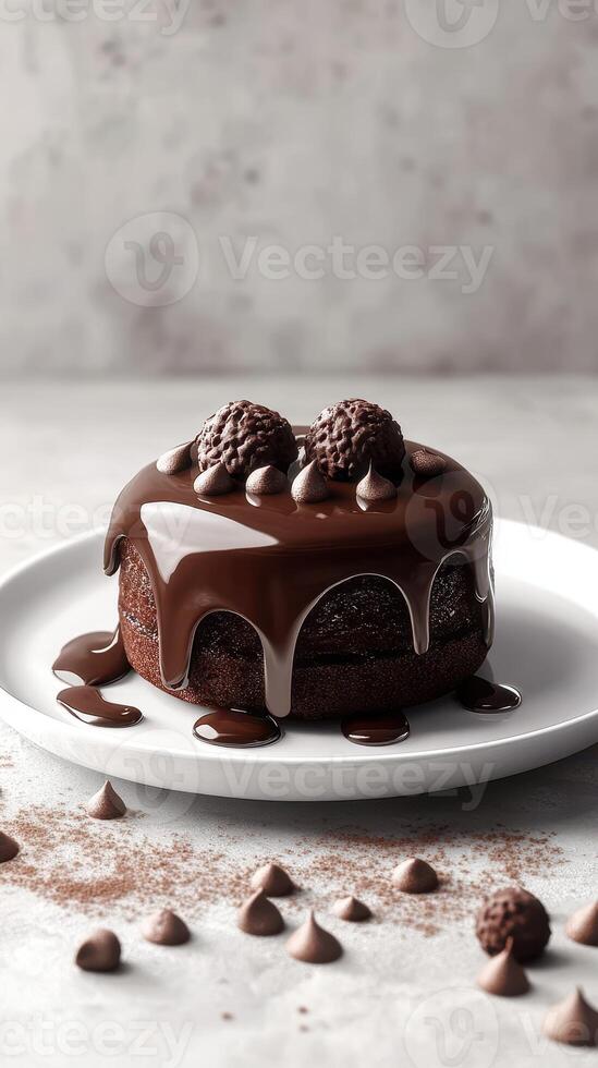 Delicious round chocolate cake topped with cocoa truffles and drizzled chocolate sauce on a white plate photo