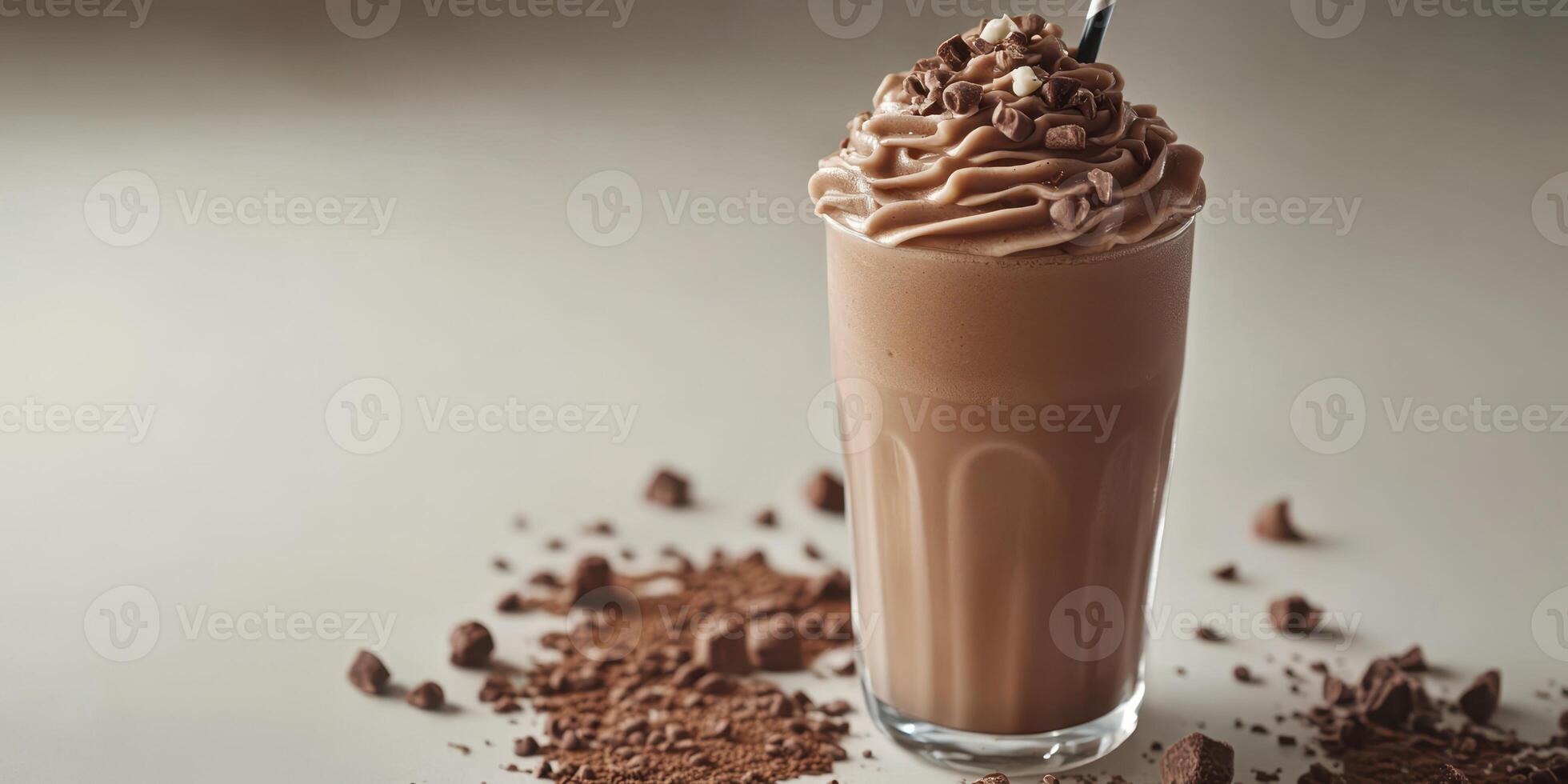 Creamy chocolate milkshake topped with whipped cream and chocolate shavings on a light background photo