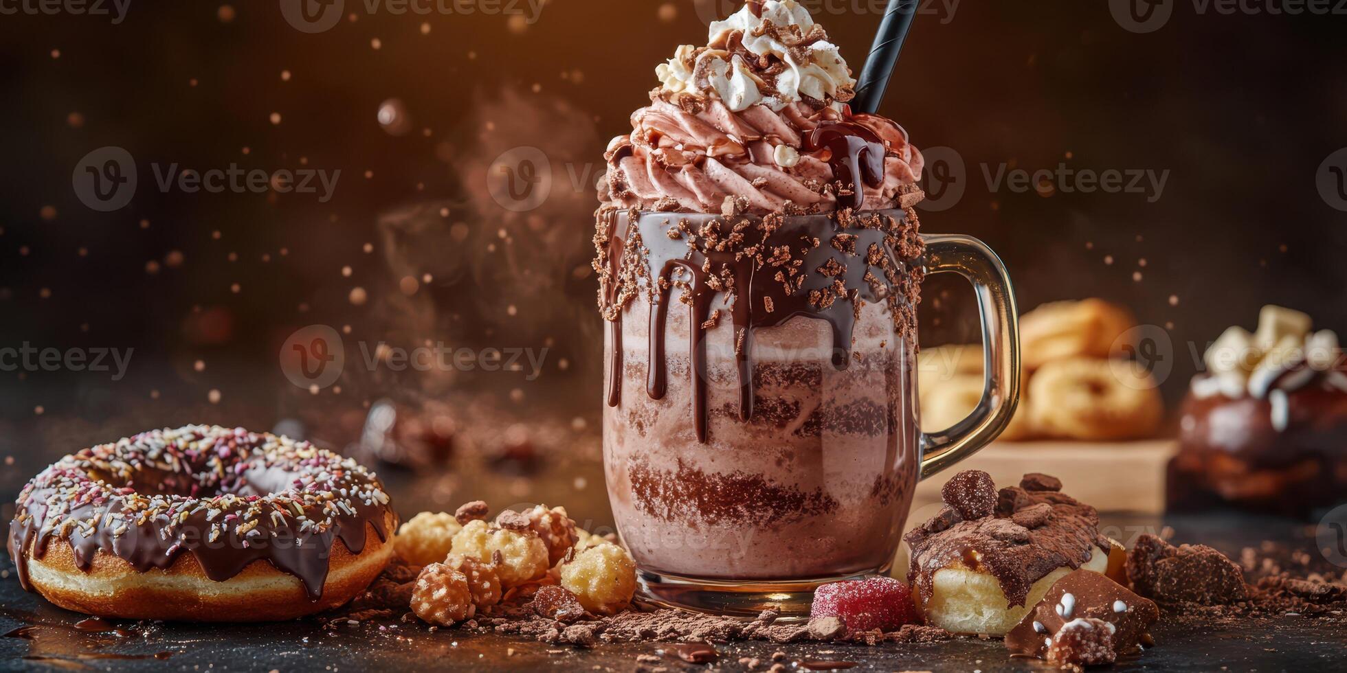 Indulging in a decadent chocolate treat with whipped cream, donuts, and assorted snacks at a cozy dessert cafe photo