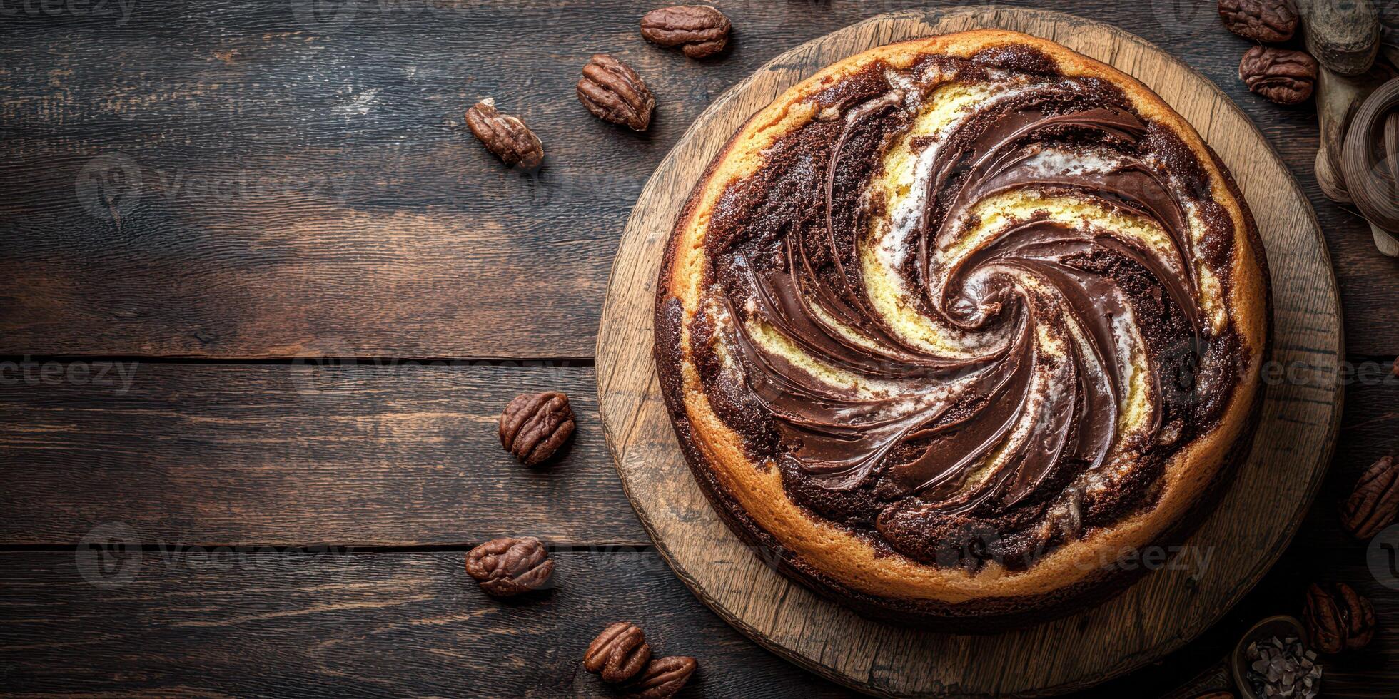 Delicious chocolate swirl cake decorated with pecans on a rustic wooden surface ready for dessert photo
