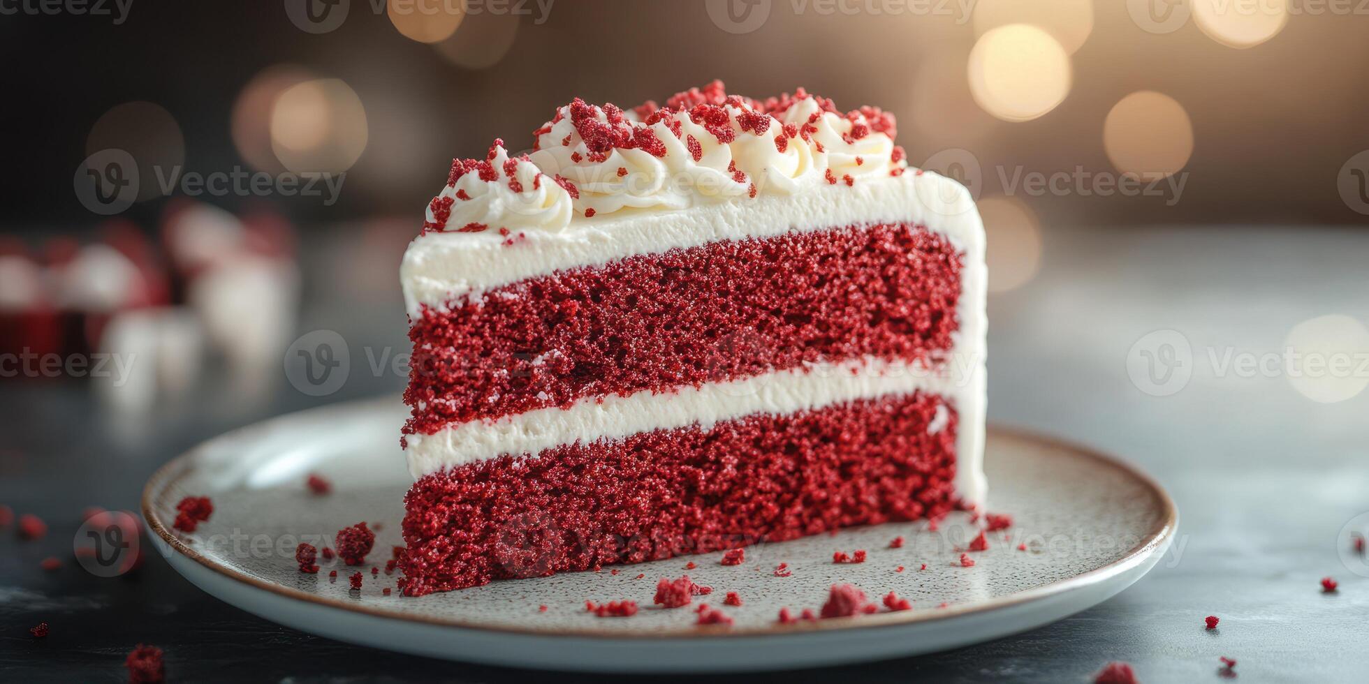 Red velvet cake slice on a plate with festive decorations in a warm and inviting setting photo