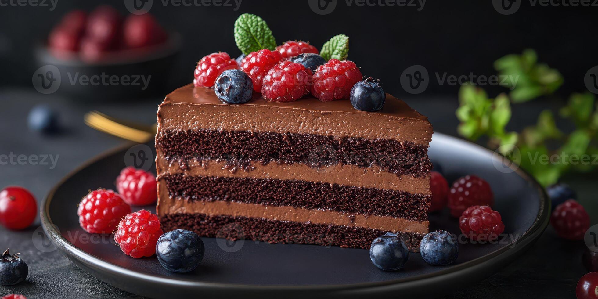 Decadent chocolate cake topped with fresh berries and mint in a dark setting photo