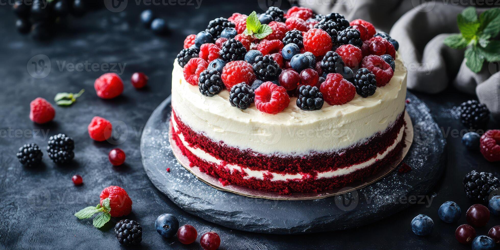 Delicious red velvet cake topped with an array of fresh berries on a dark stone surface in a cozy kitchen setting photo