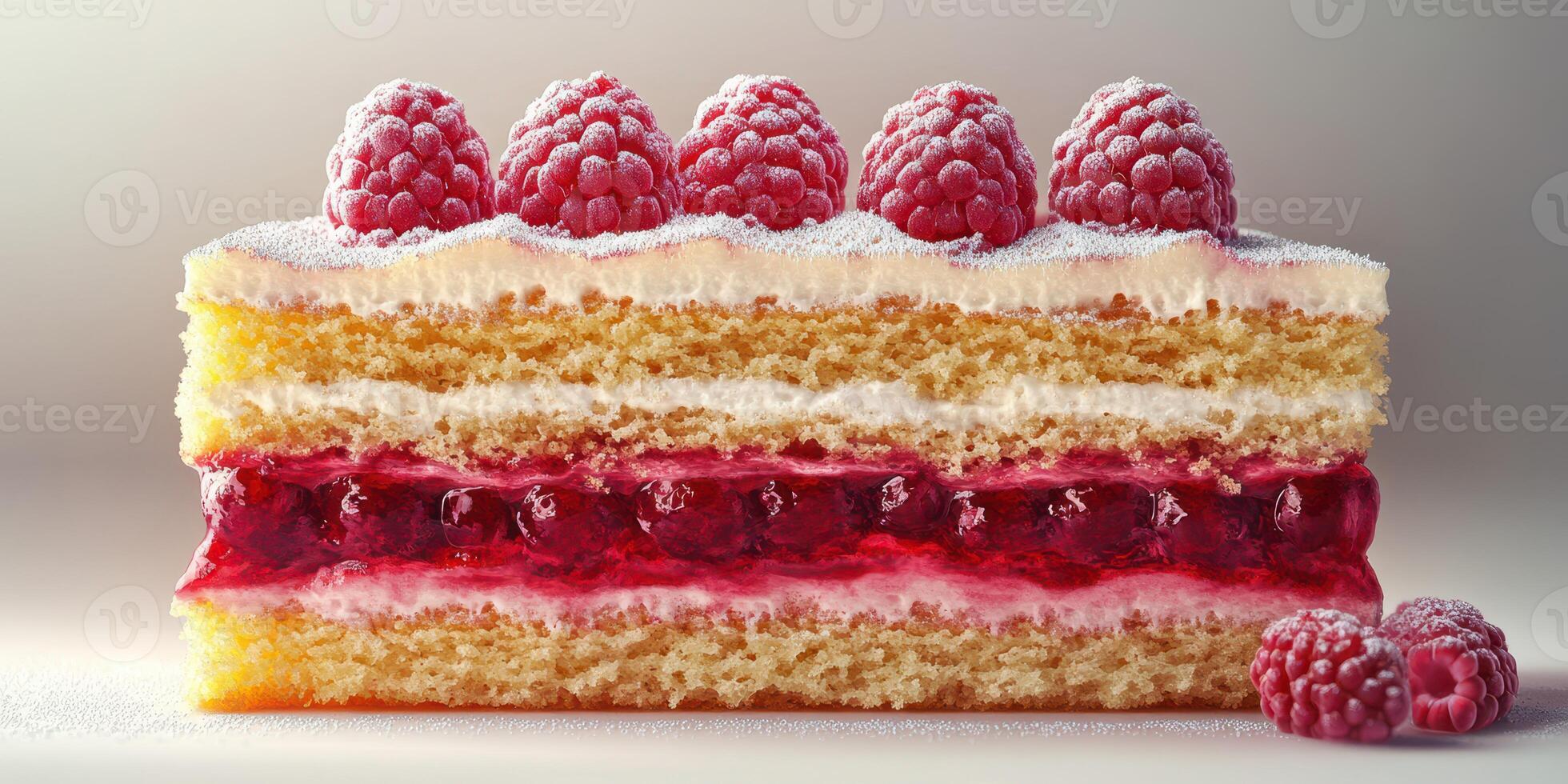 Delicious layered cake with fresh raspberries, cream, and bright red jelly in a minimalist setting photo