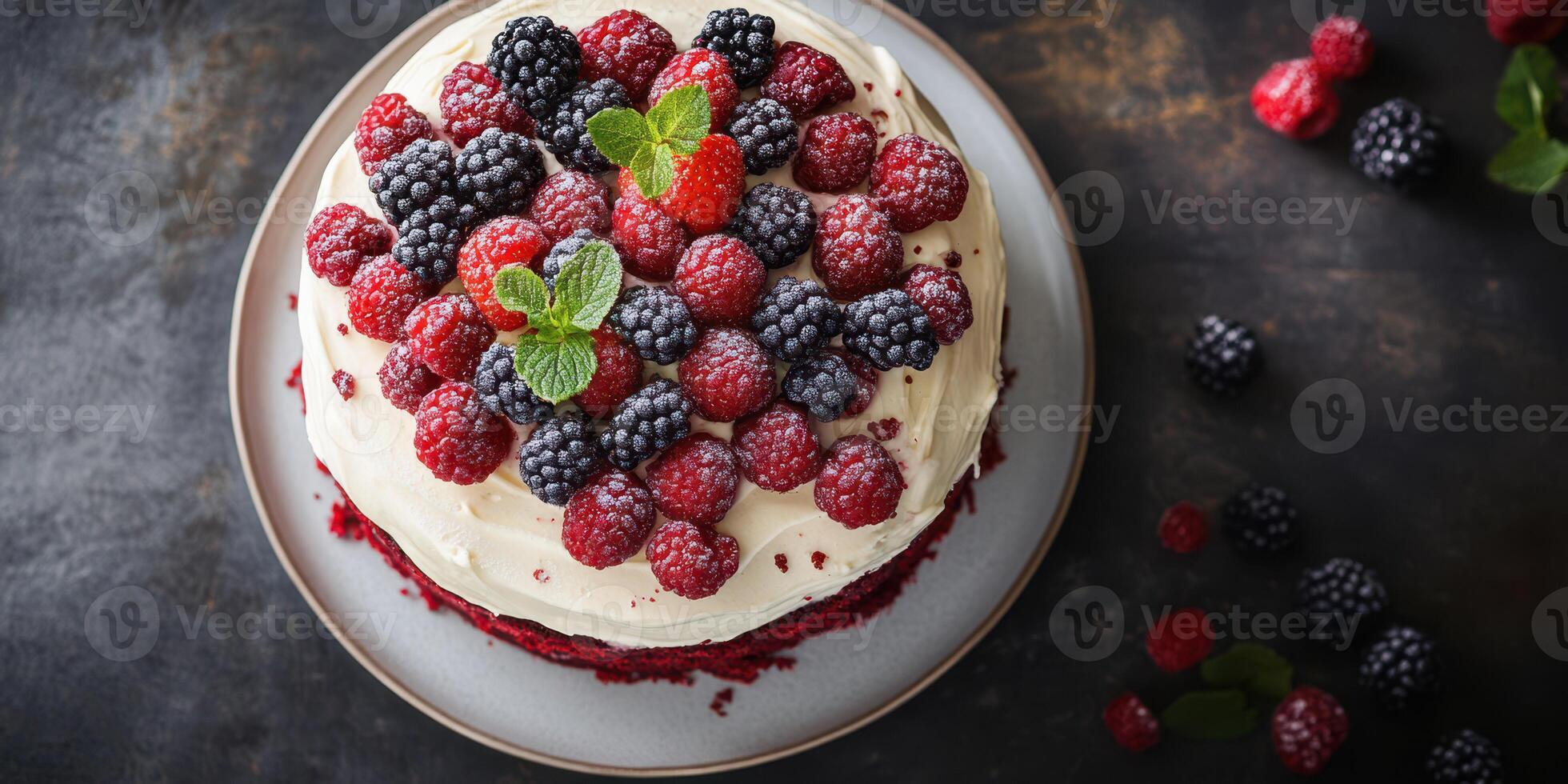 Delicious red velvet cake topped with fresh raspberries and blackberries on a rustic table photo