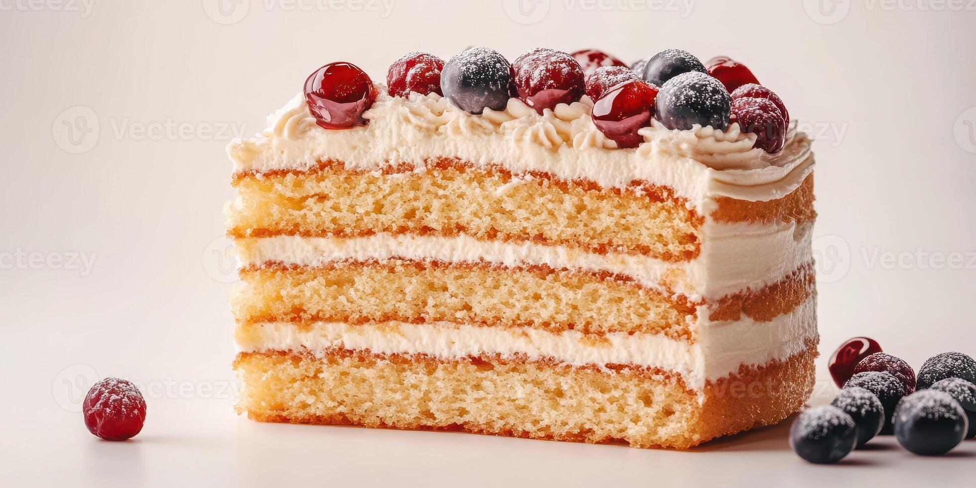 Delicious layered cake with cream frosting and fresh berries arranged on top for a delightful dessert experience photo