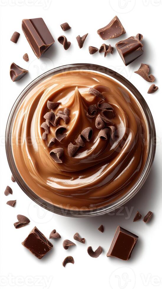 Rich chocolate mousse dessert garnished with chocolate chips arranged artistically on a white background photo