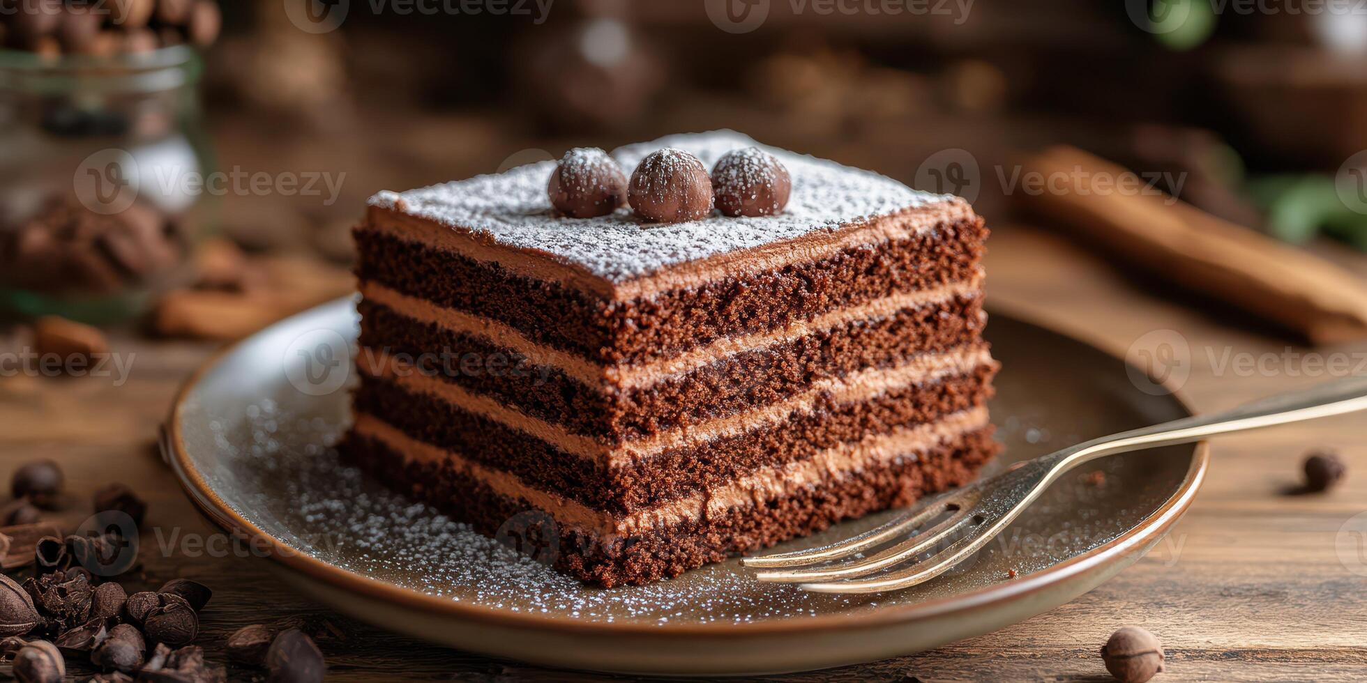 Delicious chocolate cake served on a rustic wooden table with coffee beans and spices in the background photo