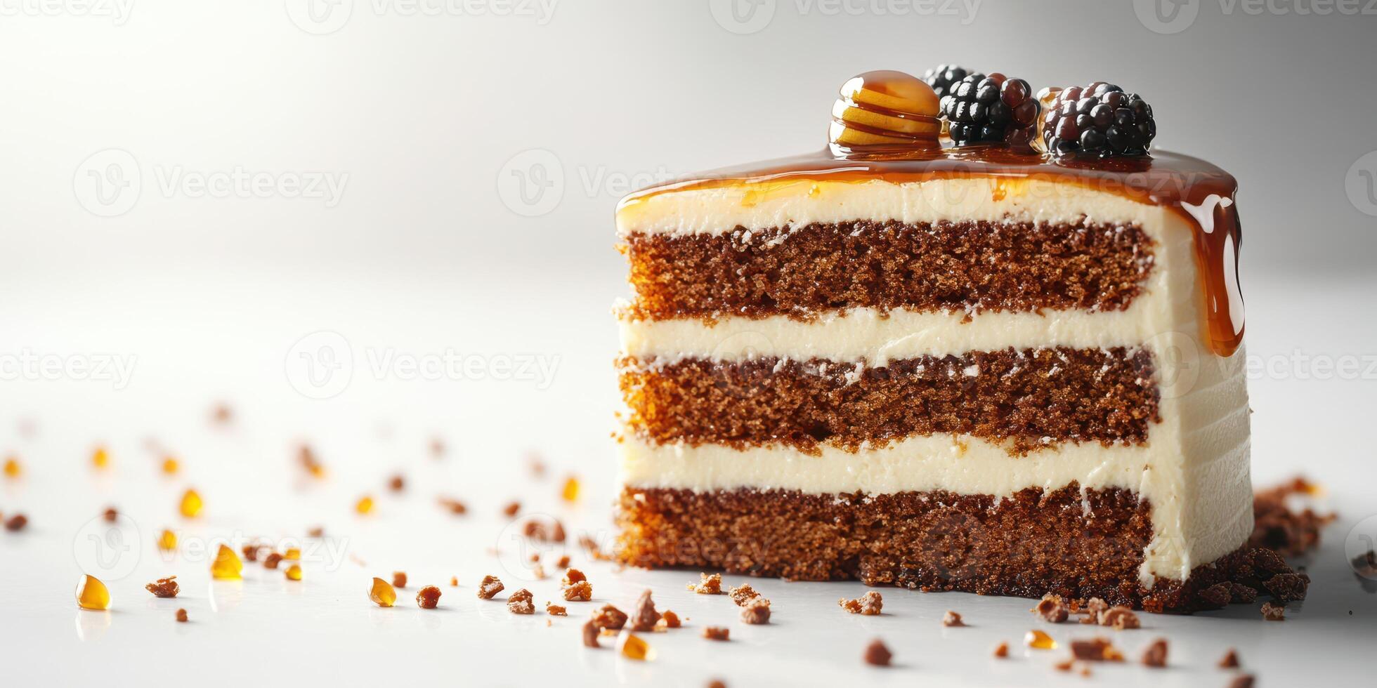 Delicious chocolate cake slice with creamy frosting and dark fruit toppings on a white background photo
