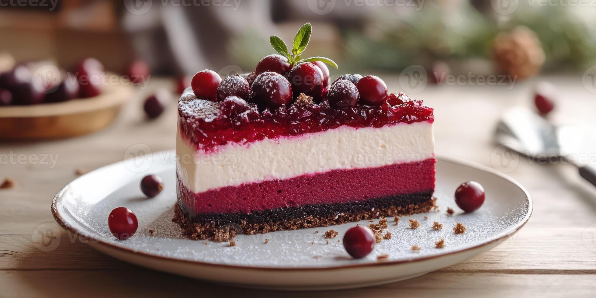 Delicious layered dessert with berries and cream served on a white plate in a rustic setting photo