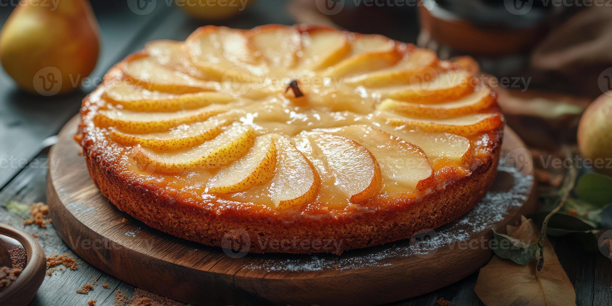 Delightful pear cake displayed on a wooden board with garnishes and decorative elements photo
