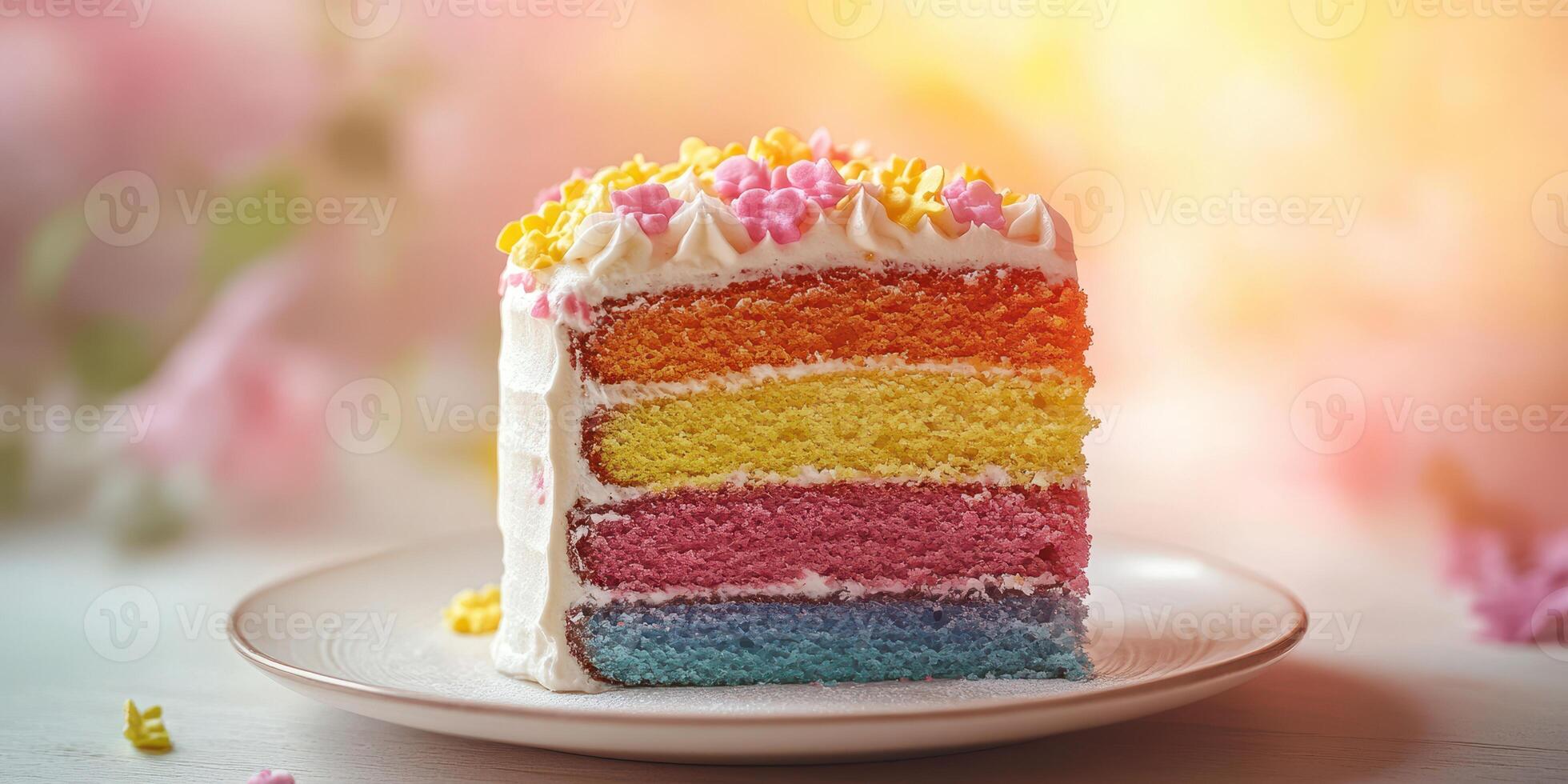 Colorful layered cake decorated with flowers and sprinkles, perfect for celebrations or parties photo