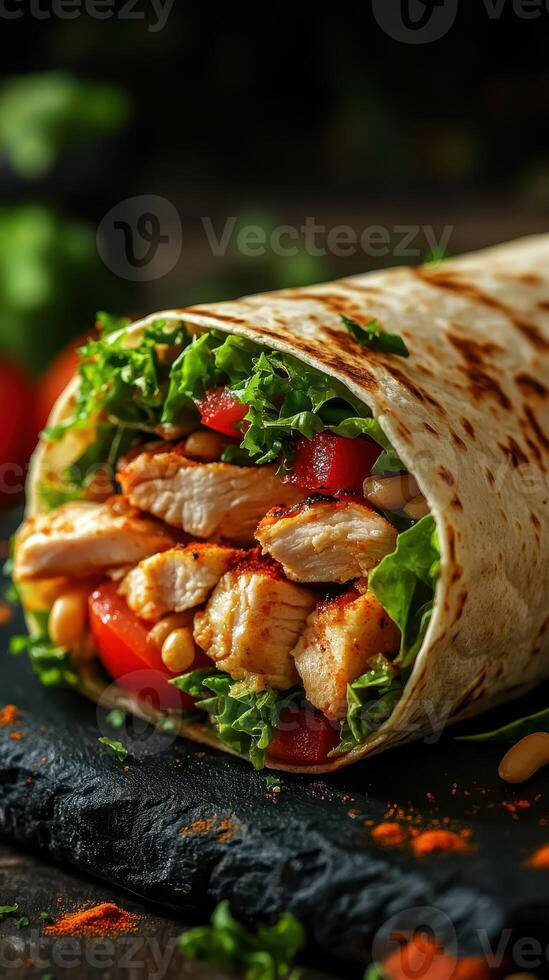 Delicious chicken wrap with fresh vegetables and nuts served on a rustic wooden table photo