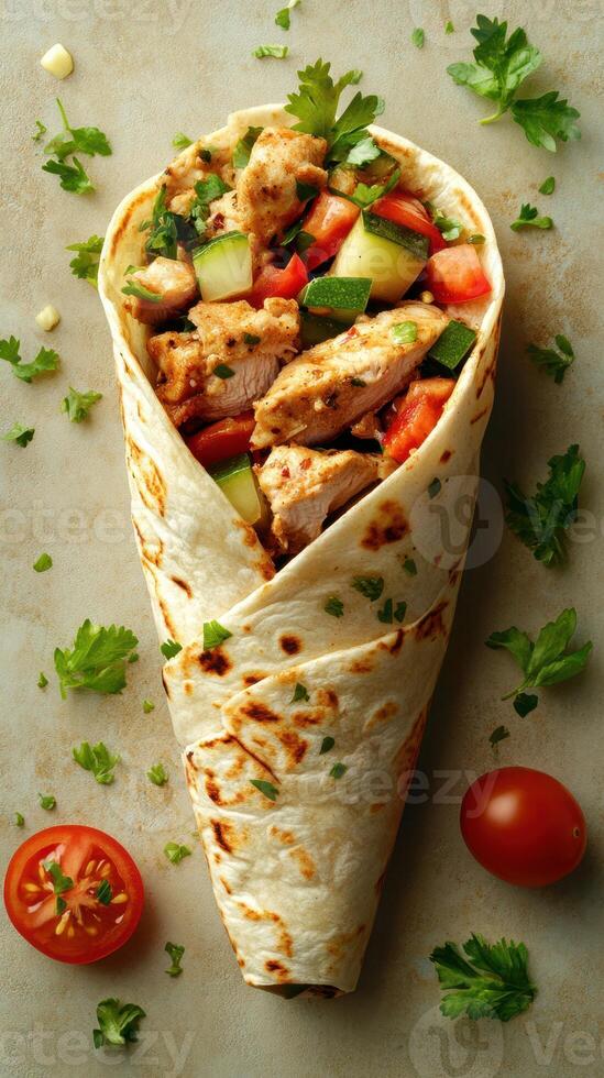 Delicious chicken wrap filled with fresh vegetables and herbs ready to enjoy for lunch or dinner photo