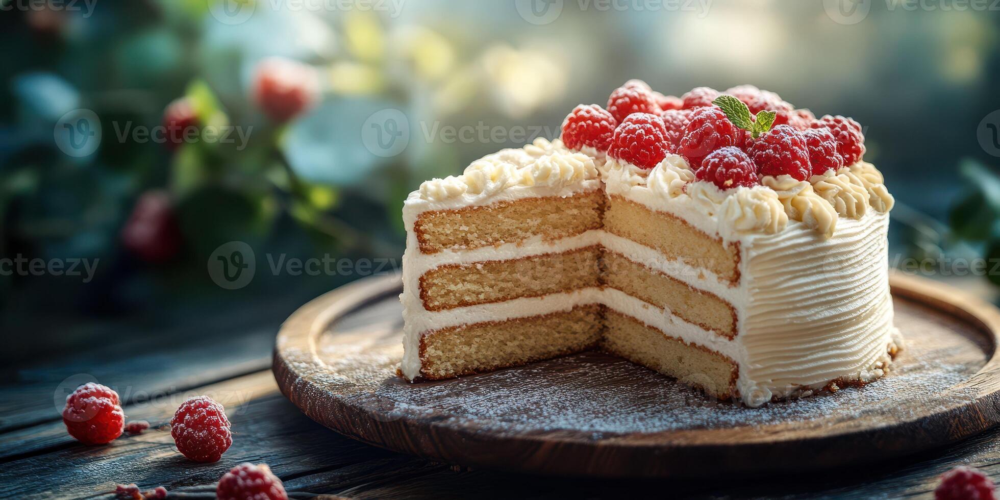 Delicious layered cake topped with fresh raspberries and cream served on a wooden table in a cozy setting photo