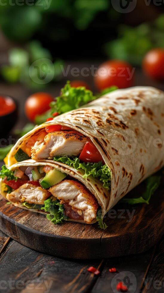 Delicious chicken wrap filled with fresh vegetables and served on a wooden board photo