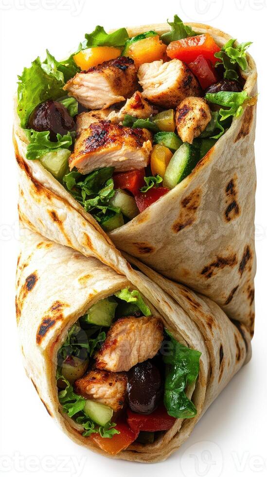 Fresh grilled chicken wrap with colorful vegetables and greens served on a wooden table photo