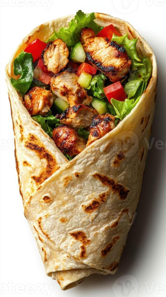 Grilled chicken wrap filled with fresh vegetables and herbs, showcasing vibrant colors and textures photo