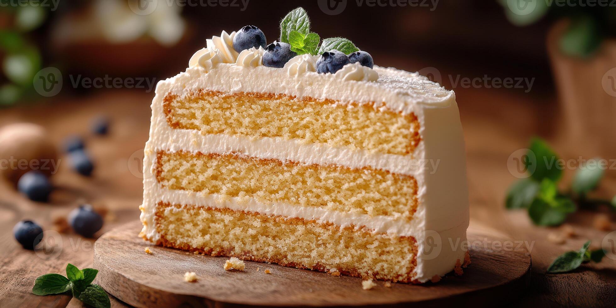 Delicious three-layer cake topped with blueberries and mint garnishes in a rustic setting photo