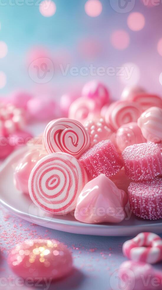 Colorful assortment of pink candies arranged on a plate in soft lighting, creating a whimsical sweet treat display photo