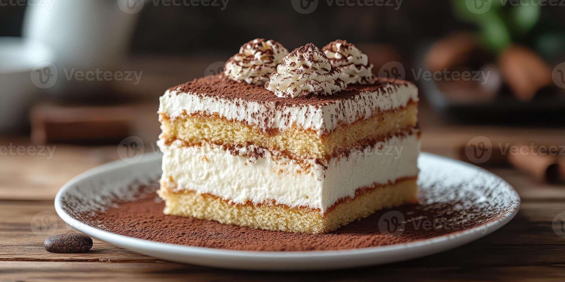 Delicious layered dessert served on a rustic wooden table with cocoa dusting and whipped cream topping photo