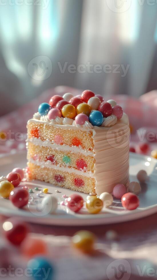 Delightful cake with colorful decorations on a pastel table setting during a sunny afternoon photo