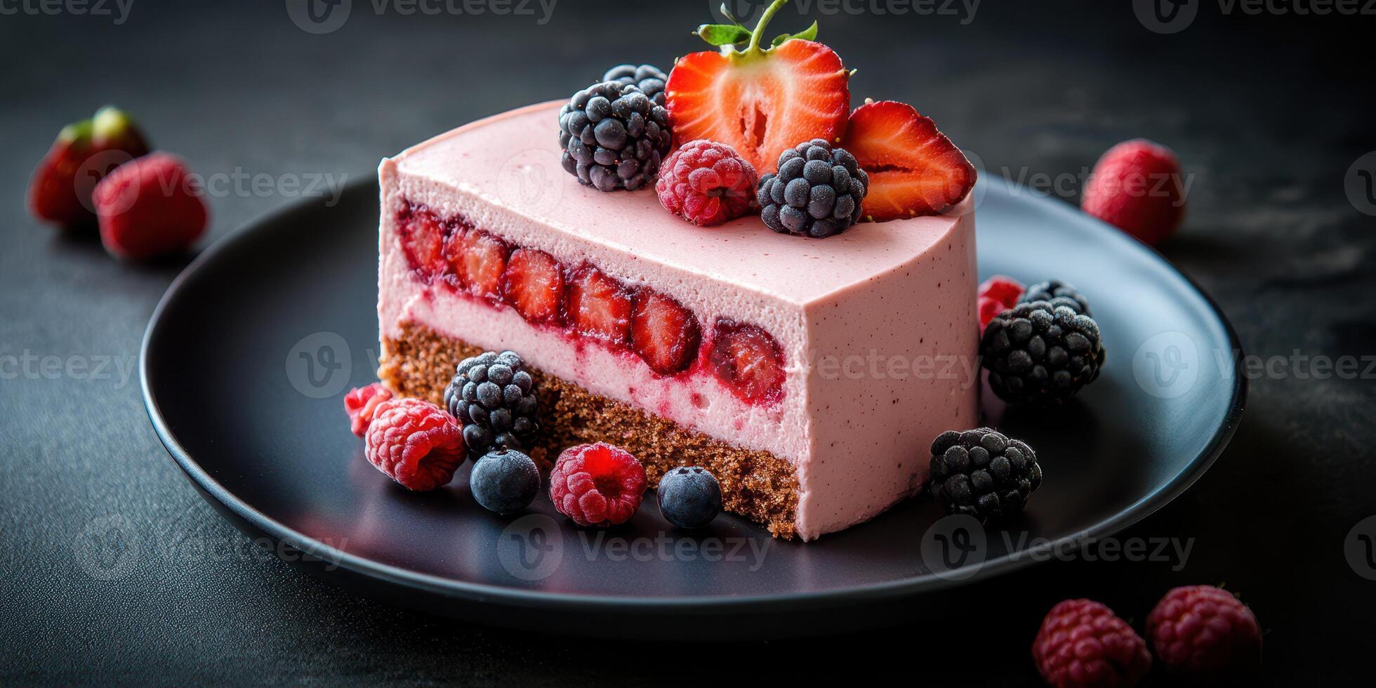 Delicious berry mousse cake served on a black plate with fresh strawberries and raspberries at a dessert table photo