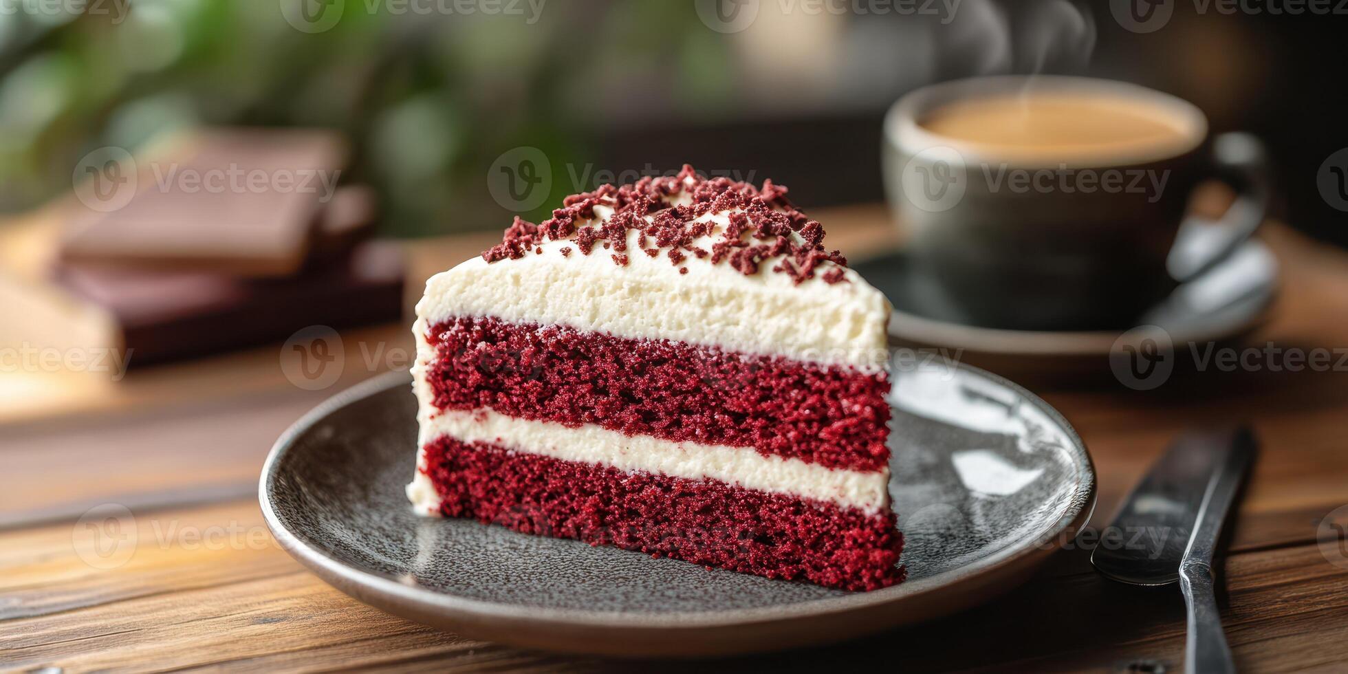Sliced red velvet cake served alongside a cup of coffee on a wooden table with a blurred background photo