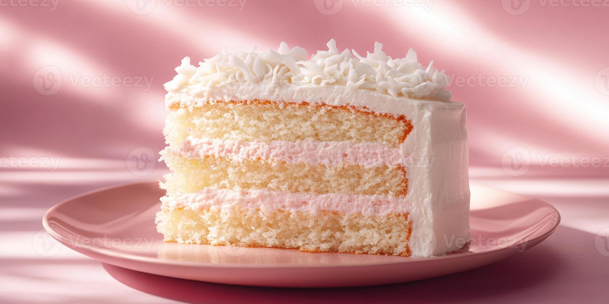 Delicious slice of layered cake with creamy frosting on a pastel plate illuminated by soft light photo