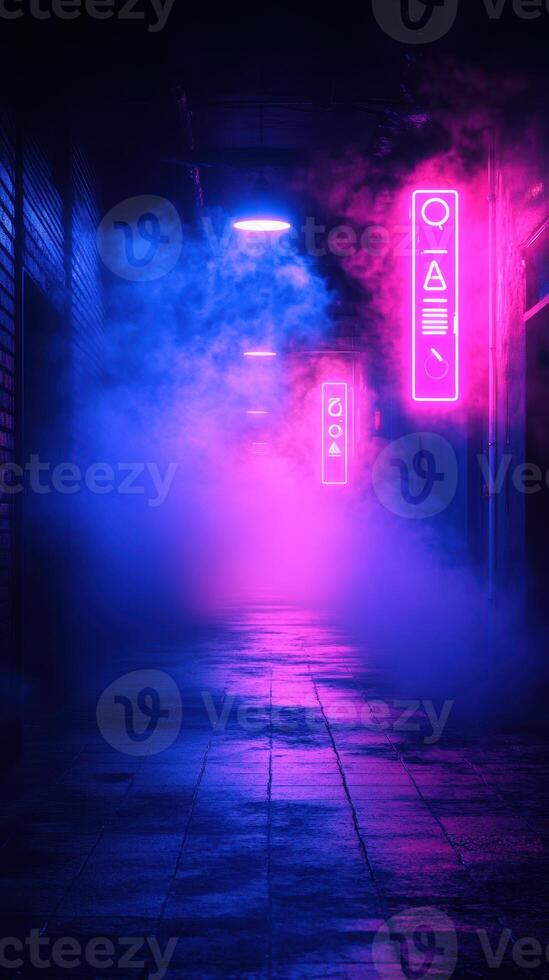 Vibrant neon signs illuminate a foggy alleyway at night creating an atmospheric, urban environment photo