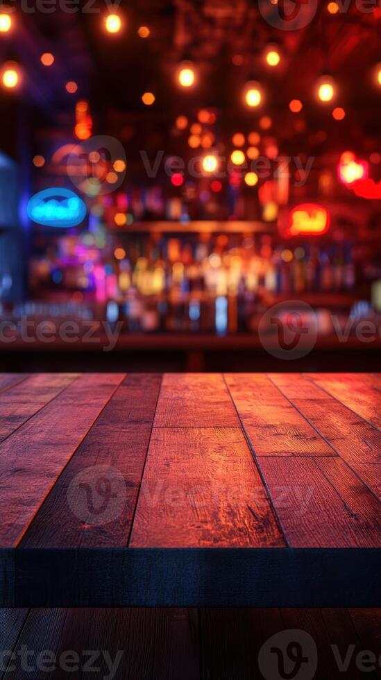 Ambient bar interior with glowing lights and wooden counter setting a lively atmosphere at night photo
