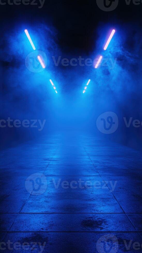 Mysterious blue foggy corridor illuminated by neon lights creates an otherworldly atmosphere photo