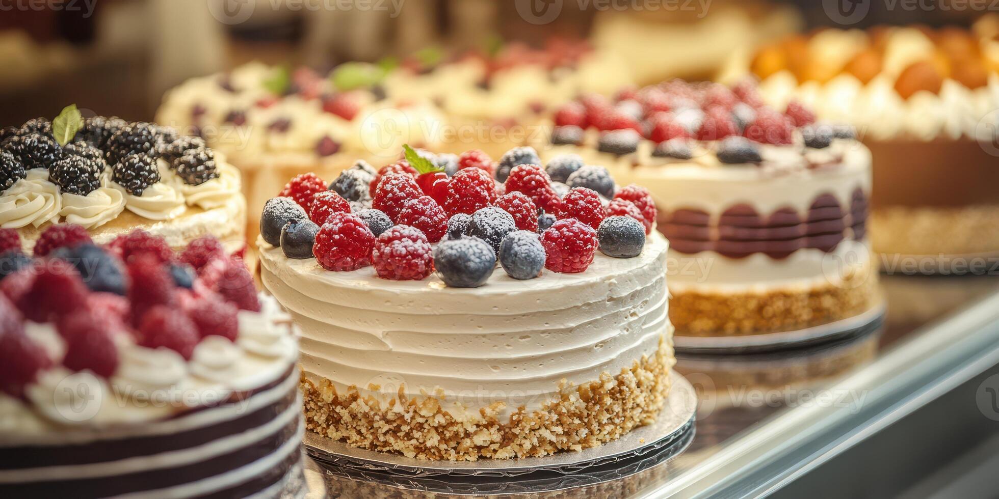 Delightful display of various cakes topped with fresh berries at a local bakery during the afternoon photo