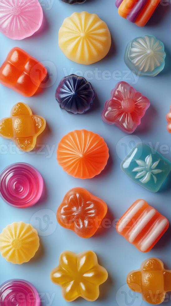 Colorful assortment of gummy candies displayed on a blue background showcasing various shapes and textures photo