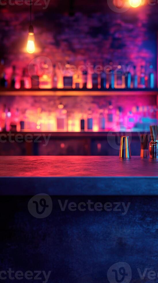 Vibrant bar interior with colorful lighting and empty countertop in an upscale nightlife setting during evening hours photo