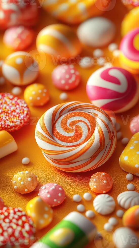 Colorful assortment of candy displayed on a vibrant background showcasing a variety of textures and shapes photo
